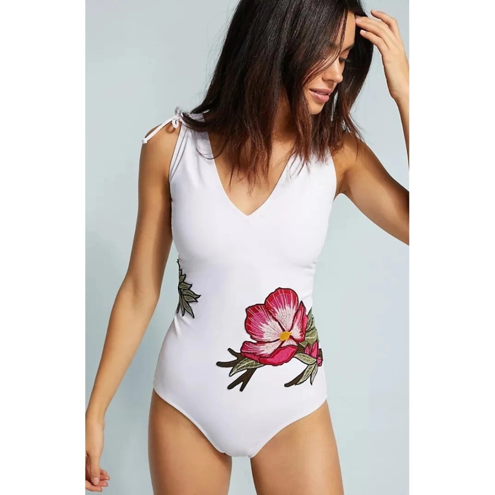 ANTHROPOLOGIE Allihop Floral Embroidered One-Piece Swimsuit Boho White Sz S